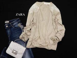 ザラ ZARA KNIT 大人可愛い☆ 異素材切り替え レースショルダー 後ろボタン ニットプルオーバーカットソー L