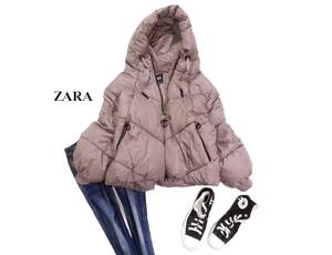 ザラ ZARA 大人可愛い☆ 軽量 暖かい フーデイー ふっくら袖 ジップアップダウンジャケット M