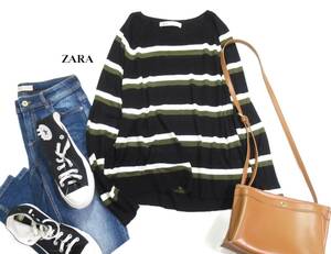 ザラ ZARA 大人カジュアル可愛い☆ ボーダー 薄手ニットプルオーバーカットソー ニットソー S