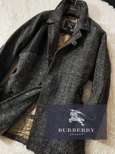 K6【希少!贅沢本革レザー仕様!!】定価15万●超美品BURBERRY●人気のツイード〜高級トレンチジャケットコート●メンズ　バーバリーコート　