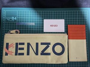 KENZO クラッチバッグ クリームイエロー レザー ロングウォレット 長財布 ケンゾー ロゴ カードケース付き flat pouch ポーチ ミニクラッチ