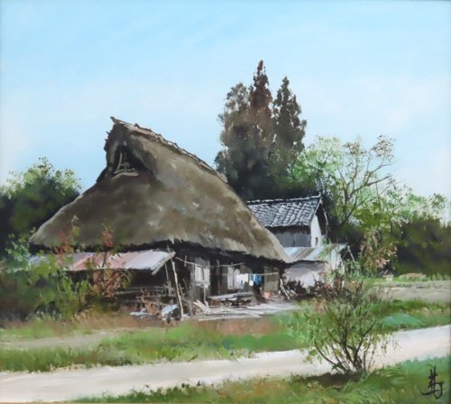 Obras auténticas de un pintor occidental popular tardío Paisaje japonés original Casa con techo de paja Kiichiro Hayashi No. 3 Casa Shikishi Noto [Galería Masamitsu] Fundada hace 53 años, Una de las galerías de arte más grandes de Tokio*, cuadro, pintura al óleo, Naturaleza, Pintura de paisaje