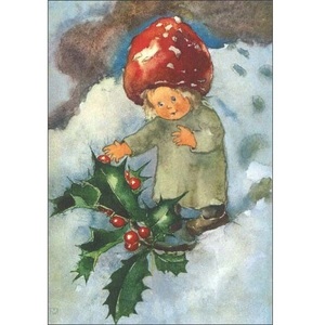 ミリ・ウェーバー 冬の赤い果実 スイス 製 ポストカード クリスマス グリーティングカード 絵はがき アンティーク調 きのこ 花 妖精