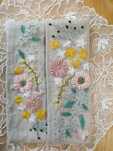 ハンドメイド＊手刺繍＊ポケットティッシュケース＊花々＊25/1番手リネンナチュラルワッシャー