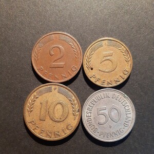 ドイツ 2ペニヒ 5ペニヒ 10ペニヒ 50ペニヒ4枚まとめて 1950年 青銅貨 白銅貨 黄銅グラッド 西ドイツ