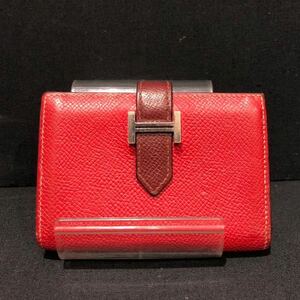 【HERMES 】カードケース エルメス レザー RED ベアン 擦れ有 無地 ts202312