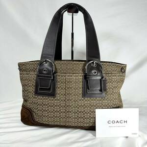 【美品】 1円〜 COACH コーチ トートバッグ 10928 ミニシグネチャー柄 ジャガード×スエード×レザー カーキ×ダークブラウン バッグ