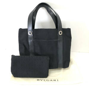 BVLGARI ブルガリ ロゴマニア ハンドバッグ トートバッグ 総柄 キャンバス×レザー ブラック×シルバー金具 ポーチ付 レディース