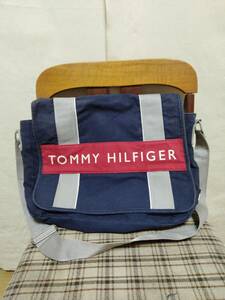 ★トミーヒルフィガーTOMMY HILFIGERコットンダックショルダーバッグ紺色正規品縦32センチ横40センチマチ8センチ★