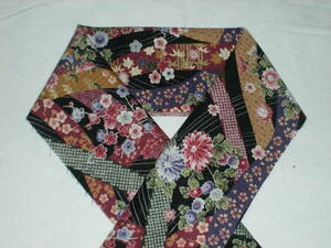 木綿の半衿、和柄リボンに四季の花、黒