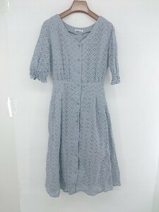 ◇ OLIVE des OLIVE 刺繍 大人かわいい 抜け感 五分袖 膝下丈 ワンピース サイズF ブルー レディース P