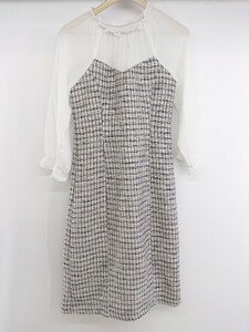 ◇ tocco closet 切替 ツイード 長袖 膝下丈 ワンピース サイズM ホワイト ブラック マルチ レディース P