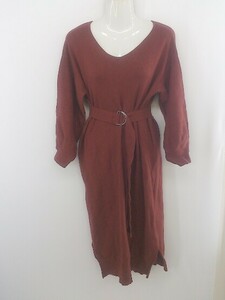 * * natural couture V neck long sleeve knees under height knitted One-piece size F red brown group lady's E