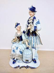 ミさ[OY1219]西洋陶器　Demain/ドマン　コバルト人形　人形　置物　コバルトブルー　紳士/婦人/鳥　中古品　100サイズ