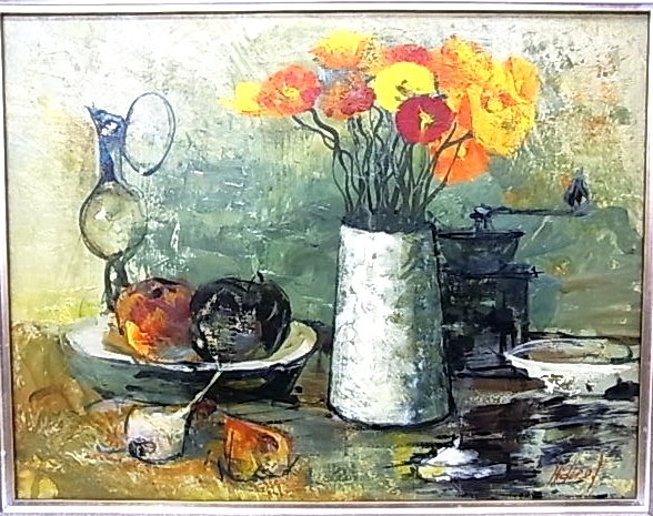 h0535 Auténtico garantizado Naturaleza muerta Pintura de flores Pintura al óleo Hideo Ikeda tamaño F6 Manzanas y flores Marco, Cuadro, Pintura al óleo, Naturaleza muerta