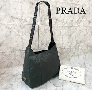 ★美品★ PRADAプラダ ショルダーバック肩掛け コンパクトサイズ・三角ロゴ プラスチックチェーン・ナイロン カーキグリーン系・保存袋付き