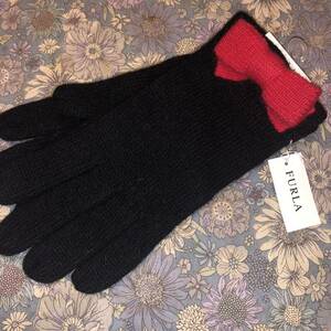 《新品》　FURLA フルラ、お洒落な手袋 ブラック、赤リボン