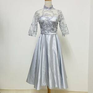 a03500 Preciaus Lady ドレス ワンピース 五分袖 透け感 リボン 胸パット 裏地 M グレー パーティー 結婚式 フォーマルイブニングウェア