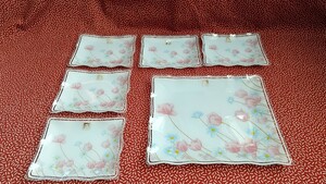 中古☆洋食器 食器 ガラス 四角 花 小皿 プレート 取り分け皿 菓子 FC GLASS　昭和　レトロ　デザート