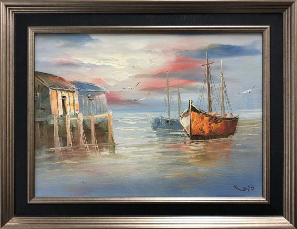 Oil painting Landscape painting Morning Port by Luis Hand-painted one-of-a-kind Healing Nature Sea Interior D11-2-[Q]AO1712, painting, oil painting, Nature, Landscape painting