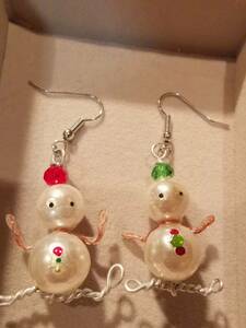  silver 925 new goods hand made earrings snow ... large pearl Christmas snow red green 