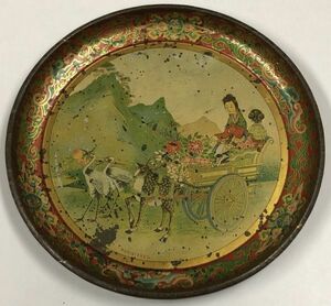  жестяная пластина тарелка China журавль женщина цветок Taisho Showa Retro времена предмет 