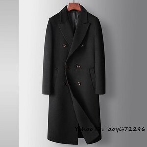 最高級 メンズコート カシミヤコート ビジネスコート 紳士 ロングコート 厚手ウール ダブルボタン チェスターコート アウター ブラック XL