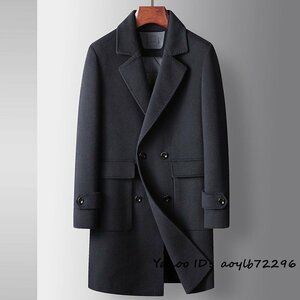 最高級 メンズコート ロングコート 紳士 ビジネスコート 厚手ウール カシミヤコート ダブルボタン チェスターコート アウター ネイビー XL