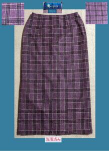 イギリス製 monsoon モンスーン くすみピンク チェック ウール ロングタイトスカート ロング スカート LL UK14 W77 丈90 タータンチェック 