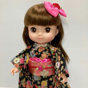 ★メルちゃんソランはなちゃん用着せ替え服★着物金襴帯セット・黒地花柄ピンク帯★ハンドメイド人形服★お正月★