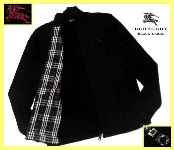 大人気サイズ L(3) 美品 バーバリーブラックレーベル エンジホース刺繍 裏地ノバチェック柄 ジップアップ ニットジャケット 日本製
