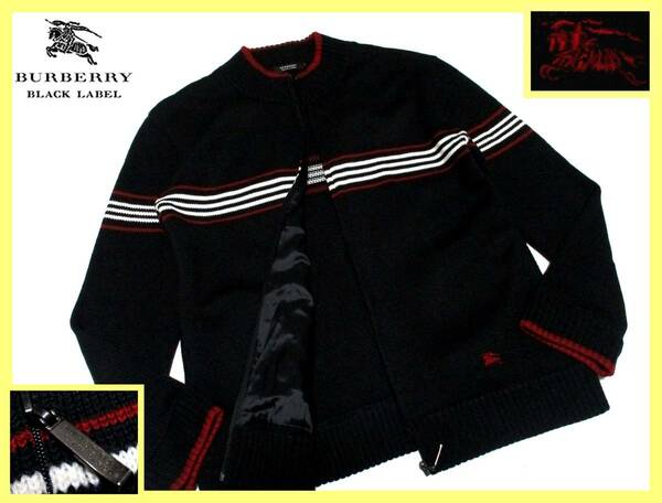 大人気サイズ L(3) 極美品 バーバリーブラックレーベル レッドホース刺繍 バーバリーラインデザイン ジップアップ ニットジャケット