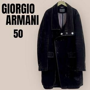 * highest grade *GIORGIO ARMANIjoru geo Armani velour long Chesterfield coat bell bed 50 leather tag dark brown dense brown outer 