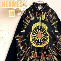 ☆カシミヤ混☆HERMES エルメス トップス 鍵 切り替え シルク ブラウス ボタンダウン LES CLES M 黒 ブラック ドッキング 異素材 イタリア_画像1