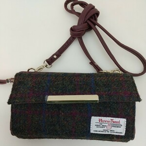 481　中古　Harris Tweed/ハリスツイード　長財布　お財布ショルダー　財布ポシェット　グリーン×ブラウン　