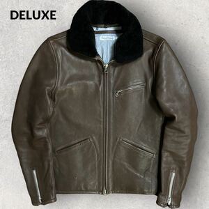 DELUXE CLOTHING Deluxe cow leather mouton collar double Zip leather jacket sport jacket wrinkle leather size S Brown collar part removal and re-installation possibility 