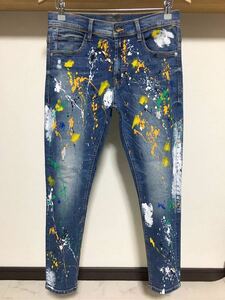 伸縮性抜群 春夏 ペイント ZARA MAN ウルトラ ストレッチ スキニー 送料230円 40 31 ダメージ デニム パンツ メンズ ジーンズ 青