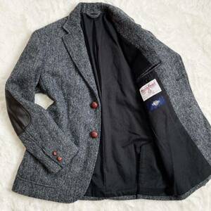 ハリスツイード 美品【希少サイズ L 】 HARRIS TWEED テーラードジャケット ヘリンボーン エルボーパッチ くるみボタン 胡桃 レザー 羊革