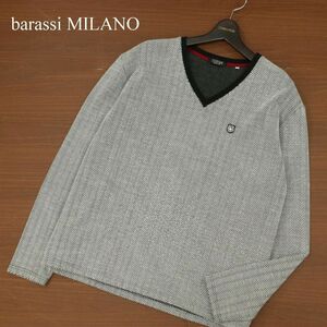 barassi MILANO バラシ 秋冬 長袖 胸ロゴ★ Vネック ヘリンボーン柄 裏起毛 ニット カットソー Sz.52　メンズ 大きいサイズ　C3T10803_B#K