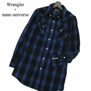 Wrangler × nano universe ラングラー ナノユニバース 長袖 ロング丈 ウエスタン チェック ネル シャツ Sz.S　メンズ 紺　C3T11043_B#B