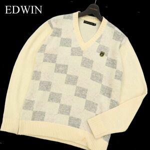 EDWIN GOLF エドウィン ゴルフ 秋冬 ロゴパッチ刺繍★ Vネック ブロック柄 ウール ニット セーター Sz.XL　メンズ 大きい　C3T11146_C#K