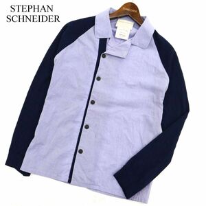 ベルギー製★ STEPHAN SCHNEIDER ステファンシュナイダー 秋冬 ウール 袖ニット切替★ 長袖 シャツ Sz.3　メンズ ネイビー　C3T11381_C#B