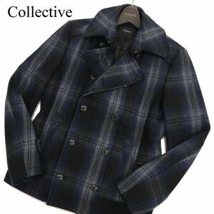 Collective コレクティブ メンズビギ 秋冬 メルトンウール★ チェック柄 Pコート Sz.3　メンズ ネイビー　C3T11565_C#N