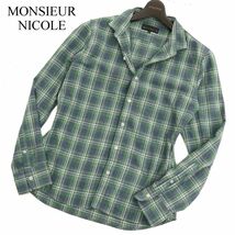 MONSIEUR NICOLE ムッシュ ニコル 秋冬 長袖 チェック★ ネル シャツ Sz.48　メンズ 緑 × ネイビー　C3T11560_C#B_画像1