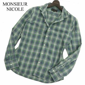 MONSIEUR NICOLE ムッシュ ニコル 秋冬 長袖 チェック★ ネル シャツ Sz.48　メンズ 緑 × ネイビー　C3T11560_C#B