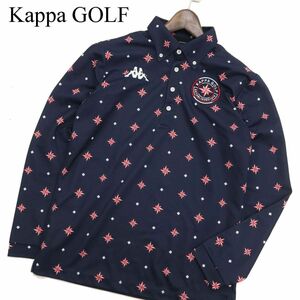 Kappa GOLF カッパ ゴルフ 通年 ワッペン★ 総柄デザイン 長袖 ストレッチ ボタンダウン ポロシャツ Sz.M　メンズ ネイビー　C3T11796_C#C