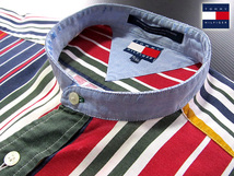 ★100円スタート！トミーヒルフィガー TOMMY HILFIGER バンドカラーシャツ 長袖 XLサイズ 希少品 クレイジーストライプ ネイビー×レッド_画像1