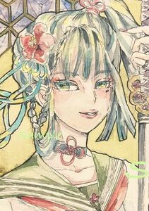 手描きイラスト　オリジナル　「香梅」　B5 水彩 顔彩　女の子 セーラー服　日本刀