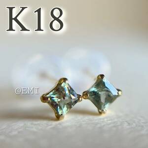 K18YG 天然石グリーンサファイア　ピアス green sapphire SQ