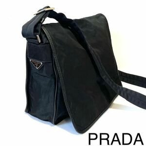 【美品】PRADA プラダ ショルダーバッグ メッセンジャーバッグ ナイロン×サフィアーノレザー 三角ロゴ フラップ式 A4可 黒